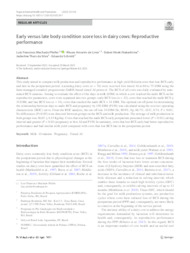 Thumbnail de Early versus late body condition score loss in dairy cows: reproductive performance.