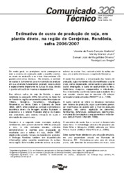 Thumbnail de Estimativa de custo de produção de soja, em plantio direto, na região de Cerejeiras, Rondônia, safra 2006/2007.