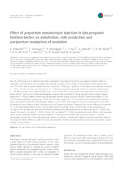 Thumbnail de Effect of prepartum somatotropin injection in late-pregnant Holstein heifers on metabolism, milk production and postpartum resumption of ovulation.