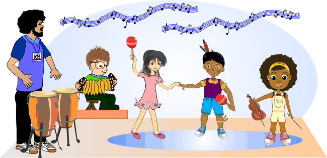 Mateus com atabaque, Arthur com acordeão, Amai e Rudah dançam com chucalhos e Estela com violino tocam para o Prosinha Rural
