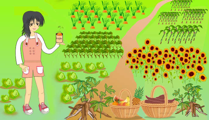 Cenário para o tema Agricultura: Amai em plantação segurando muda de feijão