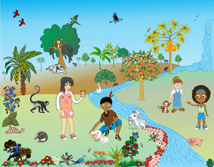 Os meninos brincando perto de uma cachoeira, com árvores frutíferas, animais silvestres e flores