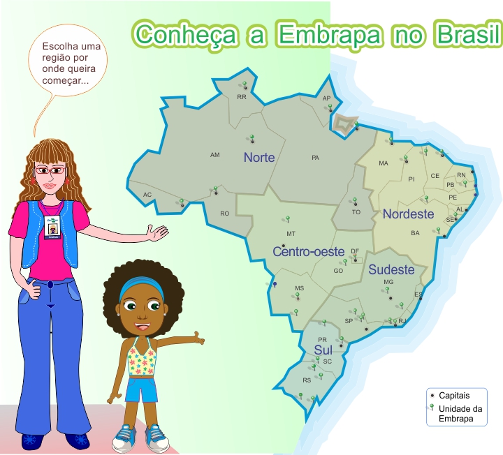 Mapa do Brasil com os dizeres Conheça a Embrapa no Brasil