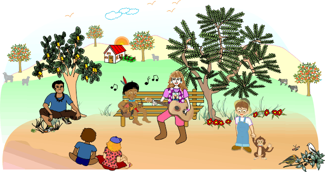 Aline toca violão com Rudah e seu instrumento de corda, sentados em um banco com as crianças assistindo em uma área aberta do quintal da fazendinha