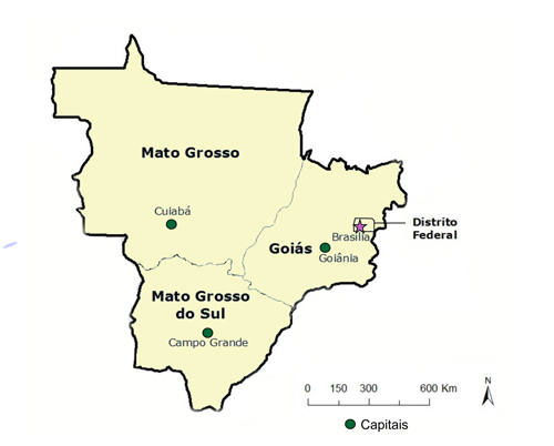 Mapa da Região Centro-Oeste: Mato Grosso (capital: Cuiabá), Goiás (capital: Goiânia), Mato Grosso do Sul (capital: Campo Grande) e Distrito Federal (capital: Brasília).