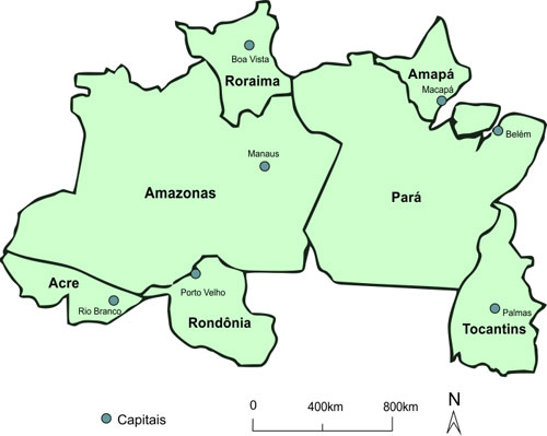 Mapa da Região Norte: Amazonas (Capital: Manaus), Pará (Capital: Belém), Acre (Capital: Rio Branco), Roraima (Capital: Boa Vista), Rondônia (Capital: Porto Velho), Amapá (Capital: Macapá),Tocantins (Capital: Palmas)