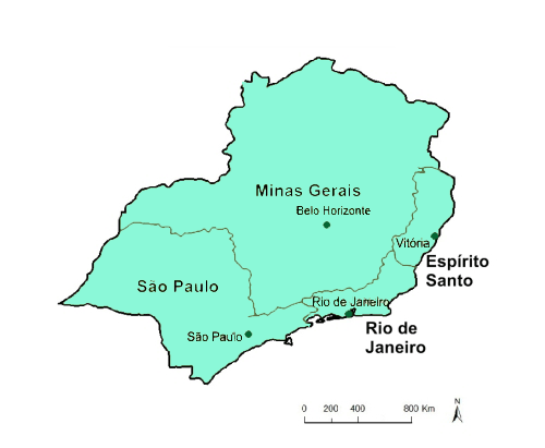 Mapa da Região Sudeste: Espírito Santo (capital: Vitória), Minas Gerais (capital: Belo Horizonte), Rio de Janeiro (capital: Rio de Janeiro) e São Paulo (capital: São Paulo)