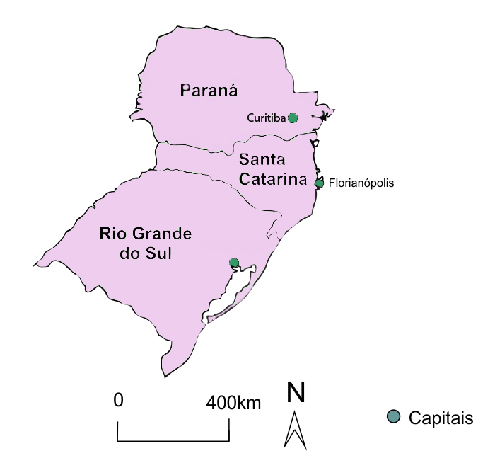 Mapa da região Sul: Paraná (capital: Curitiba), Santa Catarina (capital: Florianópolis), Rio Grande do Sul (capital: Porto Alegre).